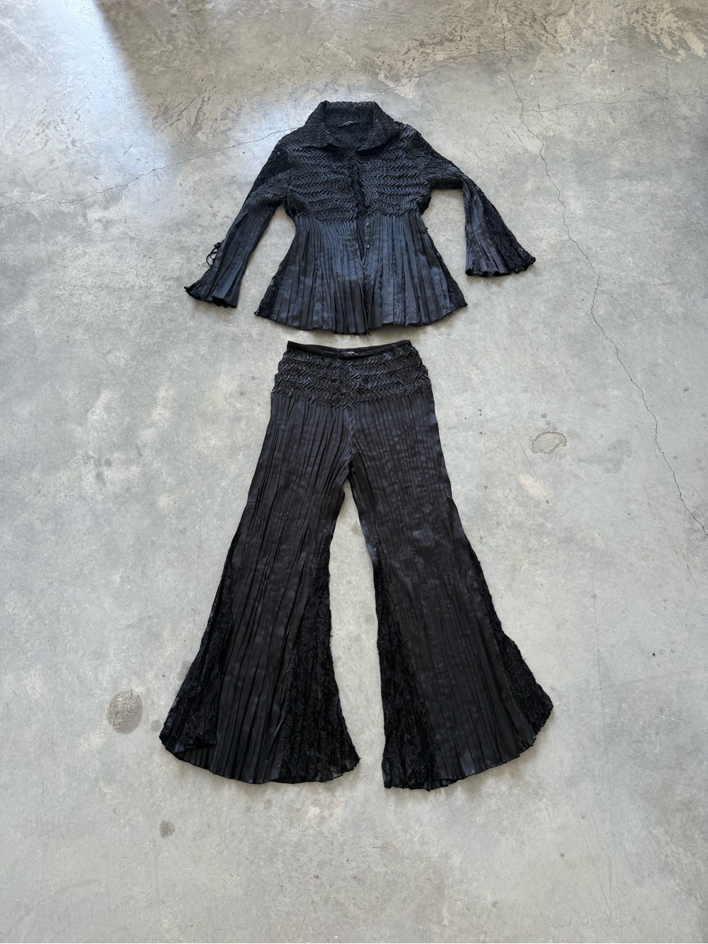 Black Pleated Boot-Flare Pants with Smocked Waist